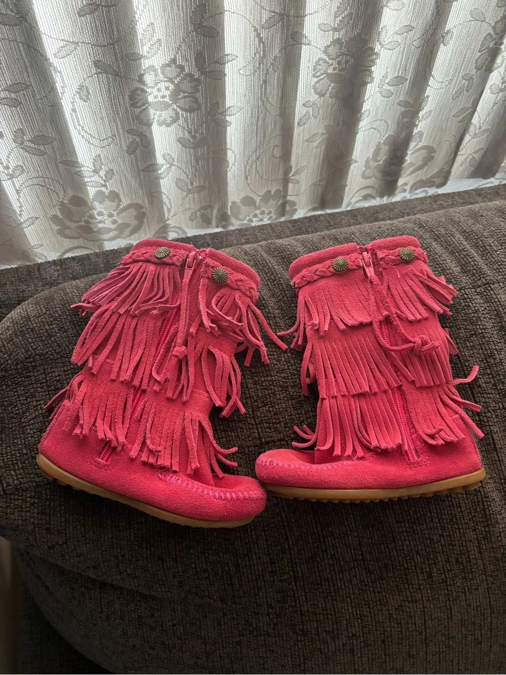 💖 Minnetonka Pink 3 Layer Fringe Moccasin High Calf Toddler Boots 8 Retail $60!!